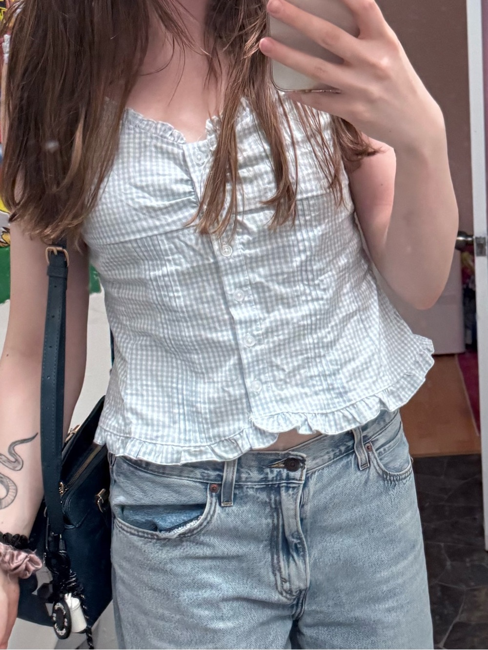 Light Blue Gingham Ruffle Cap-Sleeve Top - Picture 3 of 3